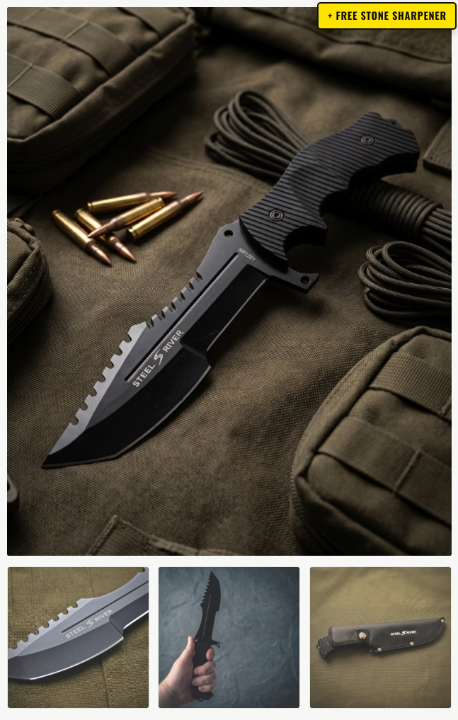 Steel River Combat Blade, full-tang blacked-out field knife with sawback spine