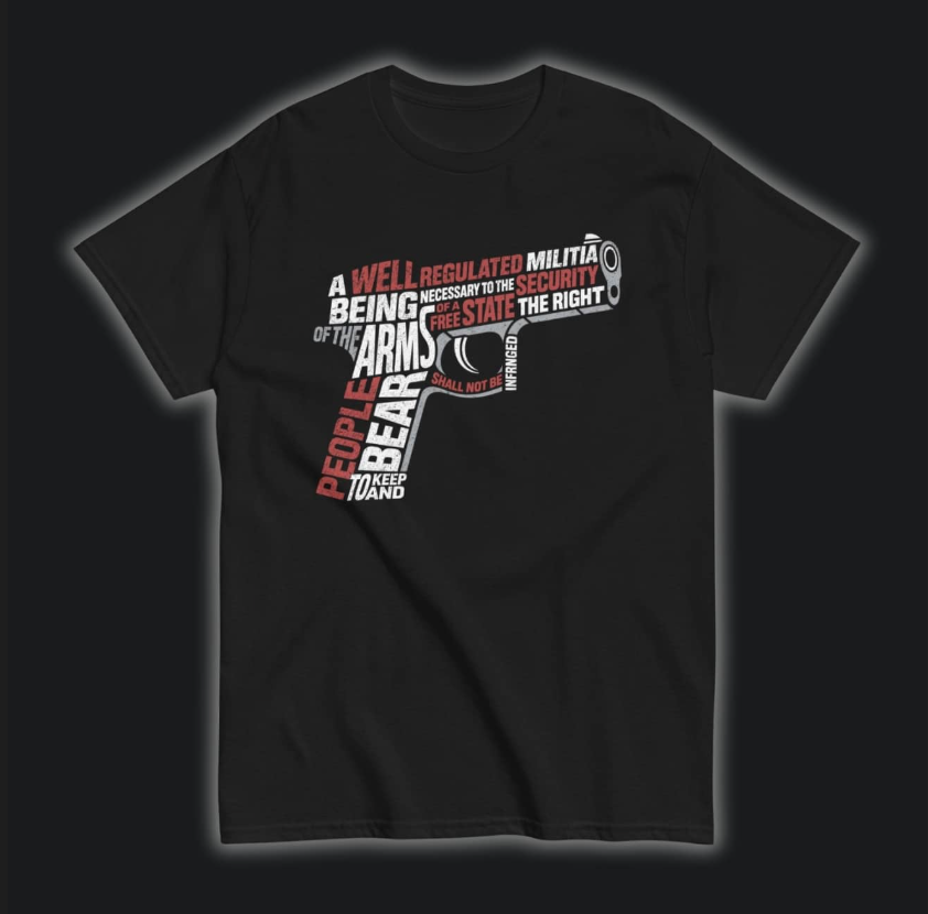 A Well Regulated Militia 2A Tee, full text of the Second Amendment set into a pistol silhouette on a black tee