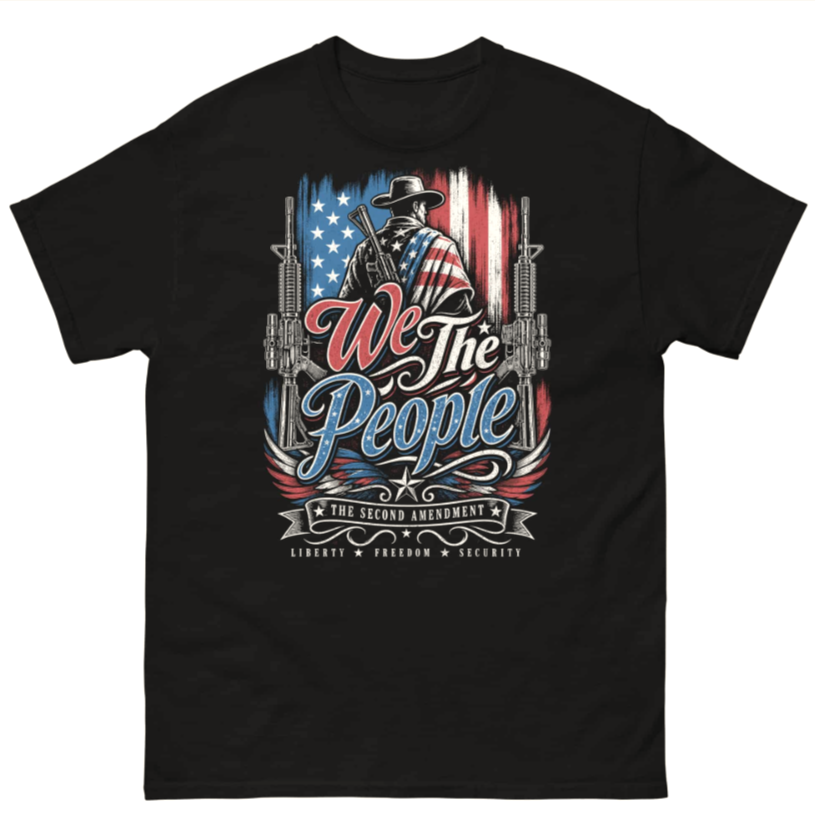 We The People 2A Tee, red white and blue minuteman graphic on a black tee